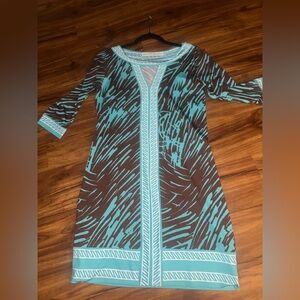 Tracy Negoshian Teal and Brown Patterned Dress